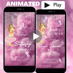 Butterfly Baby Shower Invitation Video Template, Animated Pink Butterflies Girl Baby Shower Invite, Cute Modern Digital Invitation