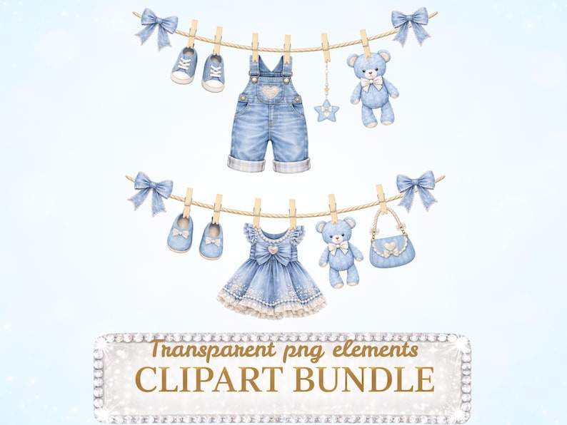 Denim Blue Jean Baby Shower Clothes Line Clipart Bundle Set, Commercial ...