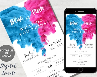 Smoke Themed Gender Reveal Invitation, Digital Download, Baby Reveal Smoke Evite Pregnancy Announcement
