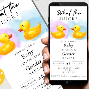 Rubber Duck Themed Gender Reveal Invitation Template, Digital Download Invite, What the duck is it Gender Reveal Party Evite