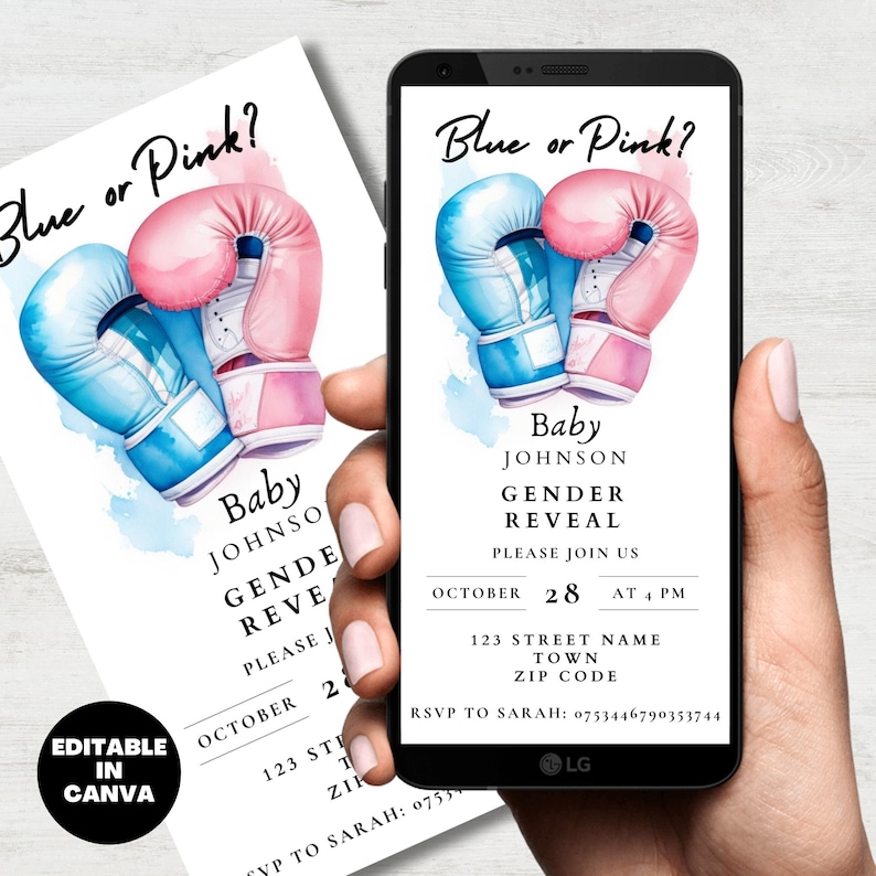 Boxing Themed Gender Reveal Invitation Template, Digital Download