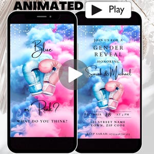 May include: A gender reveal invitation with a blue and pink boxing glove design. The text reads "Join us for a Gender Reveal Honoring Sarah & Michael December 28 at 4 PM 123 Street Name Town, Zip Code RSVP Sarah: 0753446790353"