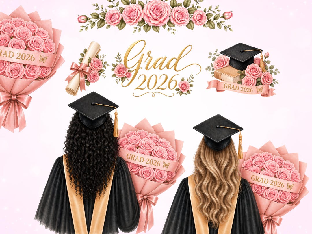 Graduation Clipart Bundle Set, Digital Printable Floral Grad 2026 Girls ...