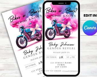 Digitale Bikes oder Bögen Gender Reveal Einladung Vorlage, Sofort-Download, blau und rosa Biker-Thema-Party einladen