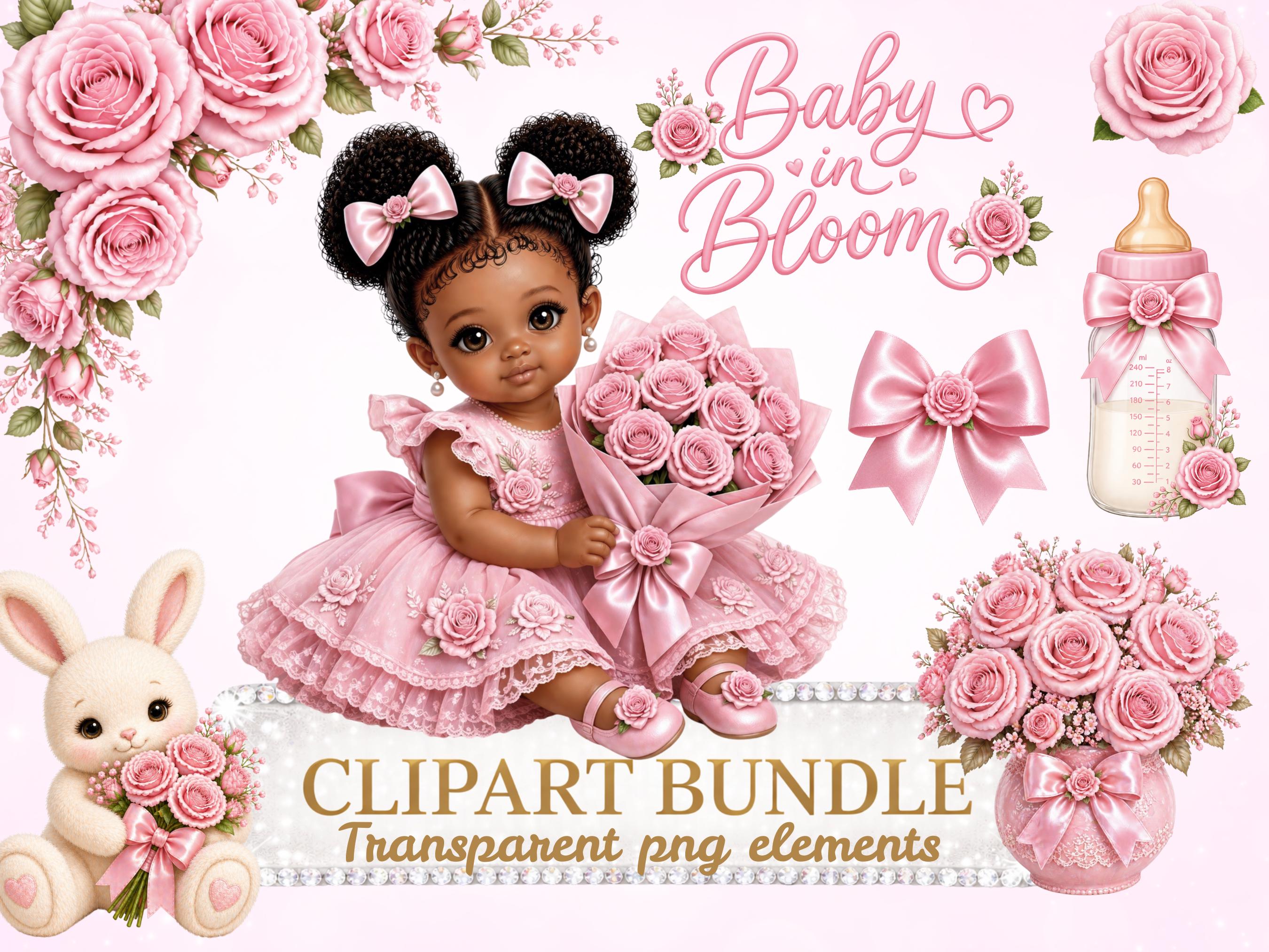 Afro Baby in Bloom Clipart Bundle Set, Digital Floral Baby Shower PNG ...