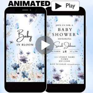 Modello di invito per baby shower Blue Baby In Bloom, video di invito animato per baby shower floreale per bambini, invito digitale a forma di farfalla