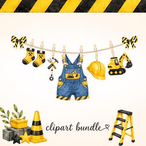 Puede incluir: Una ilustración digital con temática de construcción que muestra un tendedero con calcetines amarillos, herramientas, un peto vaquero, un casco amarillo y una excavadora. Debajo hay un cono, bloques y una escalera amarilla con el texto clipart bundle.