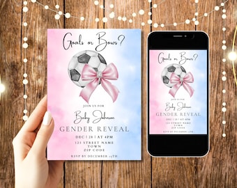 Goals Or Bows Gender Reveal Invitation Template, Printable Sport Soccer Gender Reveal Party Invitation, Blue and Pink Digital Invite