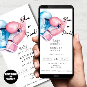 Boxing Themed Gender Reveal Invitation Template, Digital Download Invite, Blue Or Pink  Knokout theme