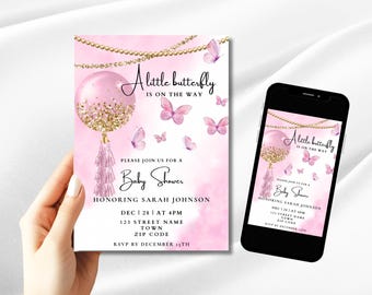 Pink Butterfly Baby Shower Invitation Template, Printable Girl Butterfly Baby Shower Invitation, Editable Digital Invite
