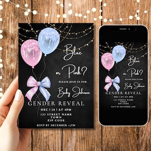 Blaue und rosa Luftballons Gender Reveal Einladung Vorlage, druckbare Glitter Ballon Gender Reveal Party einladen, elegante digitale Einladung