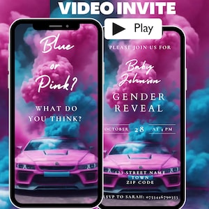 Animated Smoky Car Theme Gender Reveal Invitation Video, Wheels or Heels Invite, Burnouts or Bows Digital Download Editable Template