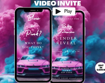 Animated Smoky Car Theme Gender Reveal Invitation Video, Wheels or Heels Invite, Burnouts or Bows Digital Download Editable Template