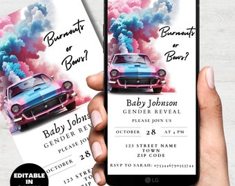 Burnouts Or Bows Gender Reveal Invitation Template, Digital Download Invite, Blue Or Pink Car Wheels Gender Reveal Party Evite