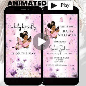 Schmetterling-Babyparty-Einladung, afroamerikanisches Mädchen-Babyparty-Video einladen, rosa Schmetterling-Babyparty-animierte Einladungsvorlage