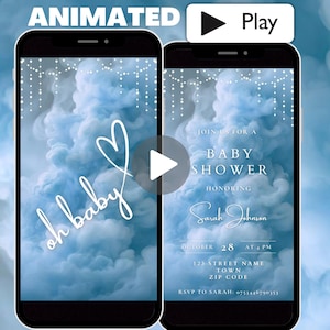 Blauwe videosjabloon babyshower, geanimeerde uitnodiging voor babyshower, schattige moderne digitale uitnodiging