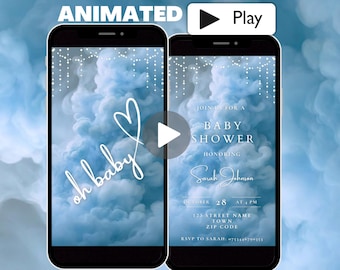 May include: Animated baby shower invitation with a blue and white cloud background. The text reads "Join us for a Baby Shower Honoring Sarah Johnson October 28 at 4 PM 123 Street Name Town Zip Code RSVP to Sarah: 0751446790153"