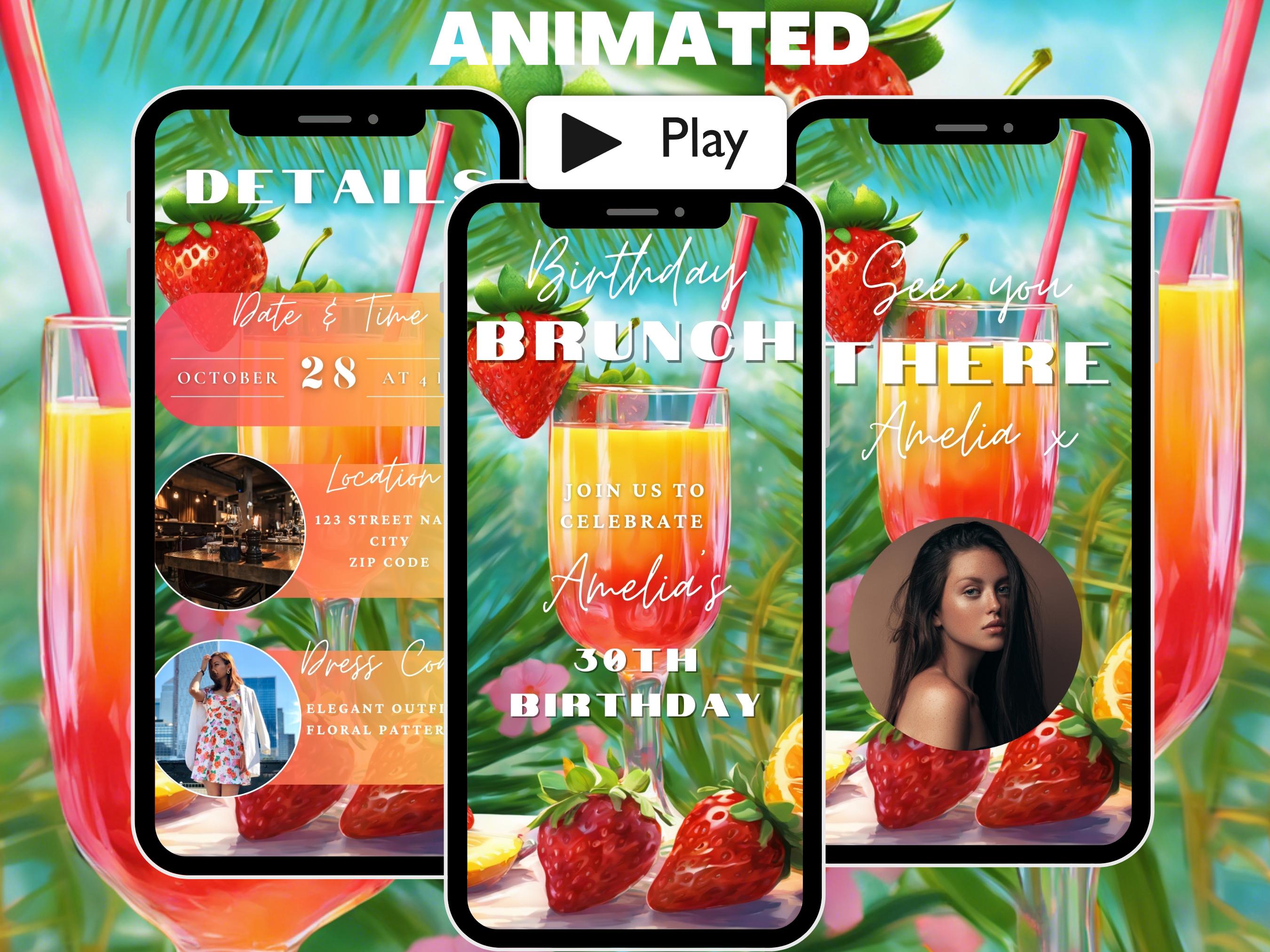 Animated Brunch Birthday Invitation Template, Women’s Brunch Birthday Party Itinerary Invitation Video, Text Message Photo Invite