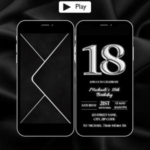 Puede incluir: Dos smartphones que muestran una invitación de cumpleaños número 18 en negro y plata. Un teléfono muestra un diseño geométrico, el otro muestra el texto de la invitación: "Únase a nosotros para celebrar el 18 cumpleaños de Michael" con fecha, hora e información de contacto.