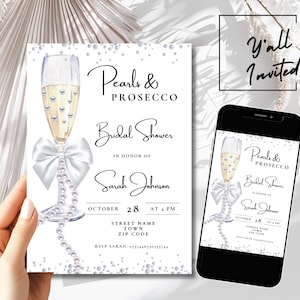 Editable Pearls and Prosecco Bridal Shower Invitation Template, Printable Pearl Champagne Wedding Shower Invite, Prosecco Digital Invitation