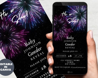 Fireworks Themed Gender Reveal Invitation Template, Digital Download Invite, Blue Or Pink Firework Gender Reveal Party Evite