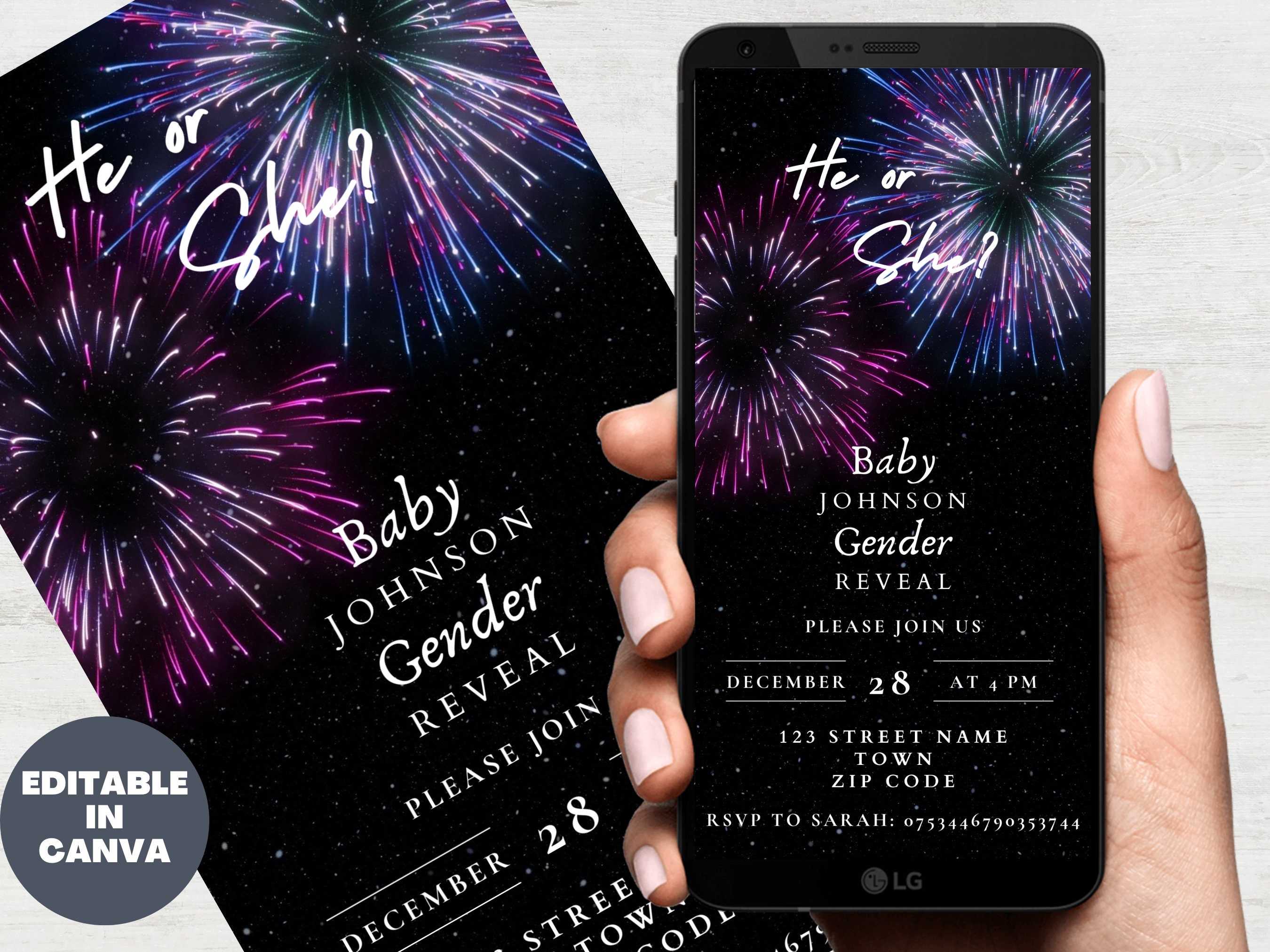 Fireworks Themed Gender Reveal Invitation Template, Digital Download Invite, Blue or Pink