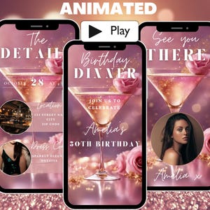 Modello di invito animato per la cena di compleanno in oro rosa, video invito per itinerario festa di compleanno per donne, elegante invito con messaggio di testo e foto