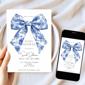 Blue Toile De Jouy Baby Shower Invitation Template, Printable French Theme Boy Baby Shower Invite, Cute Modern Digital Bow Invitation