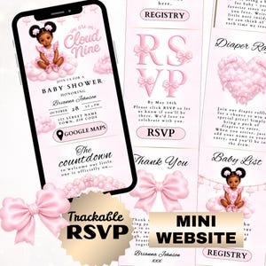 May include: A baby shower invitation suite in soft pink tones. The main invitation is on a smartphone screen, featuring a baby girl illustration on a cloud. Additional cards include RSVP, registry, and diaper raffle details. The suite is decorated with bows.