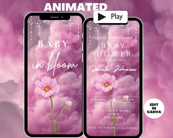 Animated Baby In Bloom Baby Shower Invitation Template, Pink Girl Baby Shower Video Invitation, Cute Floral Digital Editable Text Invite