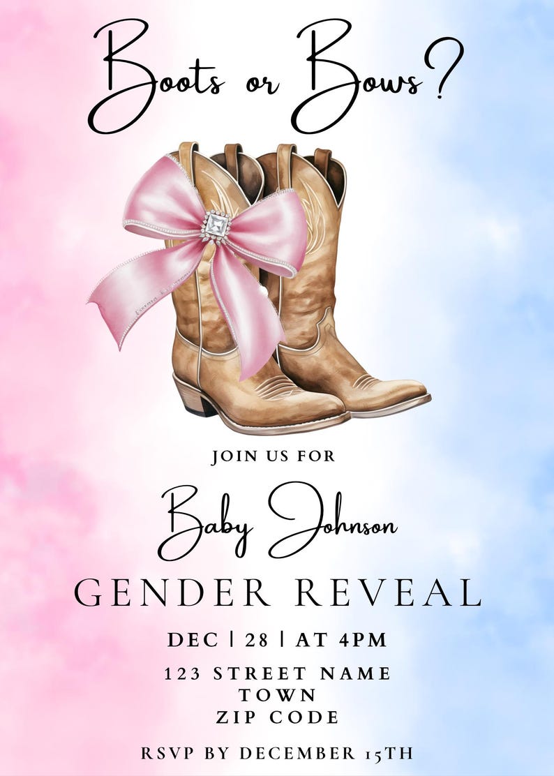Boots or Bows Gender Reveal Invitation Template, Printable Western