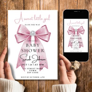 Kokette Babypartyeinladung Vorlage, druckbare rosa Schleife Mädchen-Babyparty einladen, niedliche moderne digitale Schleife Einladung