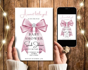 Coquette Baby Shower Invitation Template, Printable Pink Bow Girl Baby Shower Invite, Cute Modern Digital Ribbon Invitation