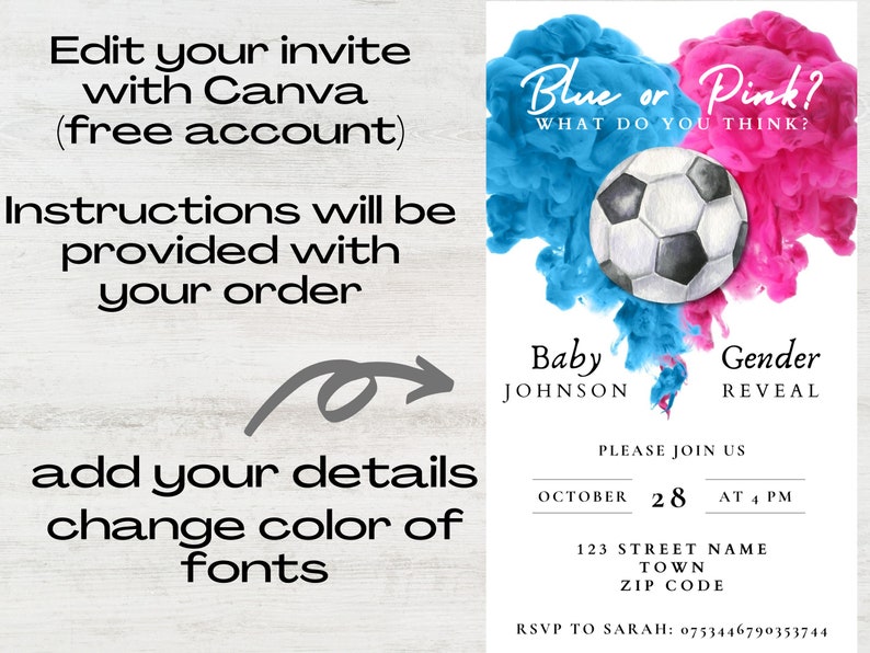 Soccer Themed Gender Reveal Invitation Template, Digital Download