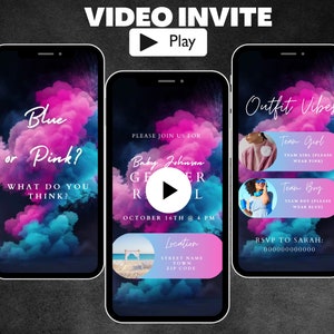 Animated Gender Reveal Invitation Video With Outfit Dress Code, Blue and Pink Smoke Invite, Digital Download Instant Editable Template