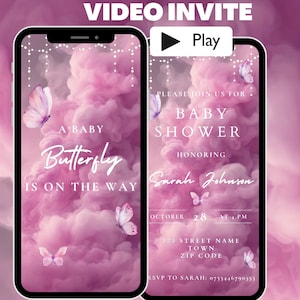 Invito per baby shower con tema farfalla rosa animato, video di invito per bambina, modello di testo modificabile per il download digitale moderno e carino