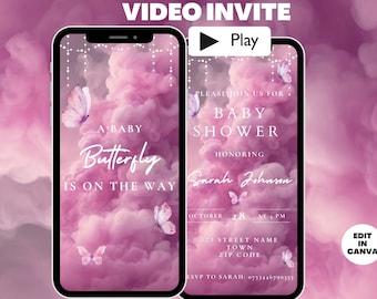 Animated Pink Butterfly Theme Baby Shower Invitation, Baby Girl Invite Video, Unique Cute Modern Digital Download Editable Text Template