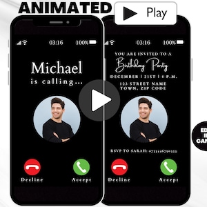Pode incluir: Um convite animado para uma festa de aniversário em uma tela de telefone preto e branco. A tela mostra uma chamada telefônica de "Michael" com uma foto de um homem. O texto do convite diz: "Você está convidado para uma festa de aniversário, 21 de dezembro às 16h, 123 Street Name, Town, Zip Code. RSVP para Sarah: 0753446790353."