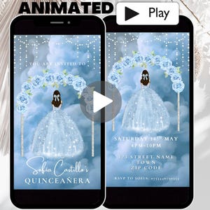 Animierte Quinceamaßa Einladungsvorlage, Blaues Glitzer Prinzessinnenkleid 15 Años Mis Quince Einladungsvideo, Niedlicher Sweet 16 Text einladen