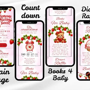 May include: A baby shower invitation design on a smartphone screen. The design features a baby girl illustration, strawberries, and the text "Someone Berry Sweet." Other screens include a countdown, book request, and diaper raffle.