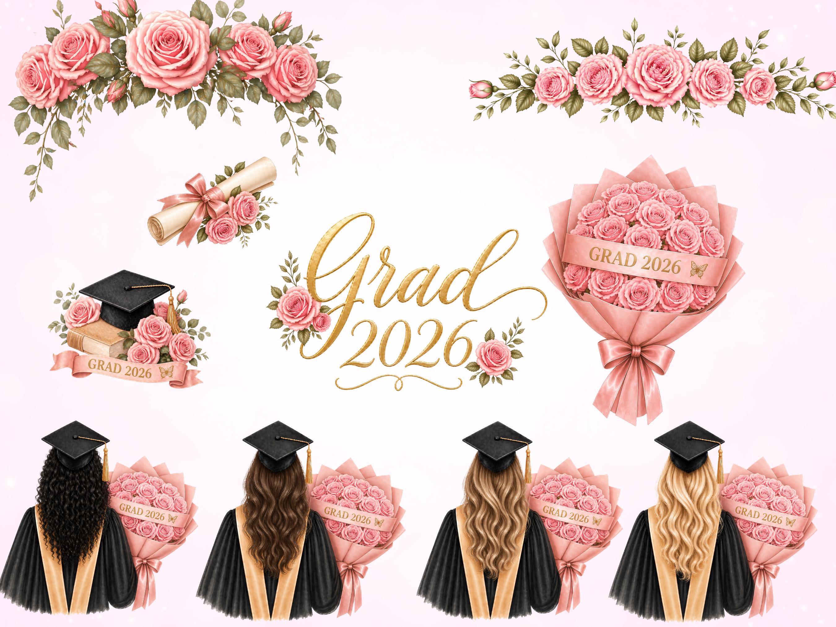 Graduation Clipart Bundle Set, Digital Printable Floral Grad 2026 Girls ...