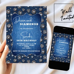 Denim And Diamonds Invitation Template, Editable Printable Denim Birthday Party Invitation, Blue Western Denim Party Digital Invite