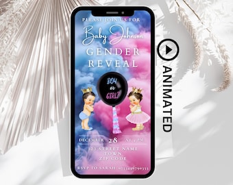 Balloon Gender Reveal Invitation Video Template, Animated Cute Babies Gender Reveal Invite, Boy Or Girl Digital Download Editable Text Evite