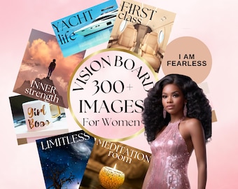 Può includere: Vision board con oltre 300 immagini per donne. Le immagini includono uno yacht, un jet privato, una donna che medita, una tazza che dice "Girl Boss" e una citazione che dice "Sono impavida".