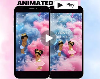 Puede incluir: Invitación animada para una revelación de género con un fondo de nubes azul y rosa. La invitación presenta un bebé niño y una bebé niña de dibujos animados con coronas, y el texto "Join us for Baby Johnson Gender Reveal" y "December 28 at 6:00 PM".