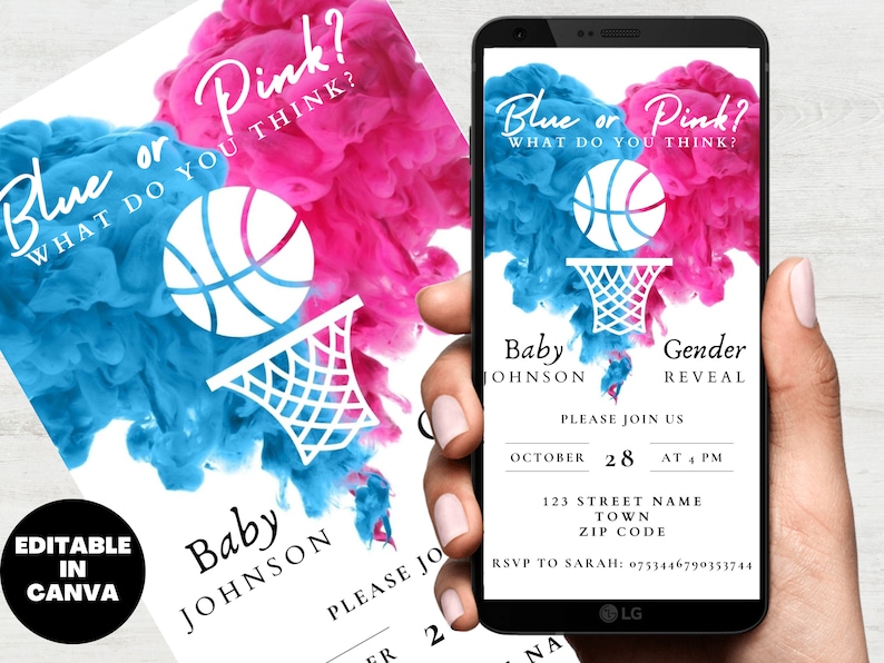 Basketball Themed Gender Reveal Invitation Template, Digital Download