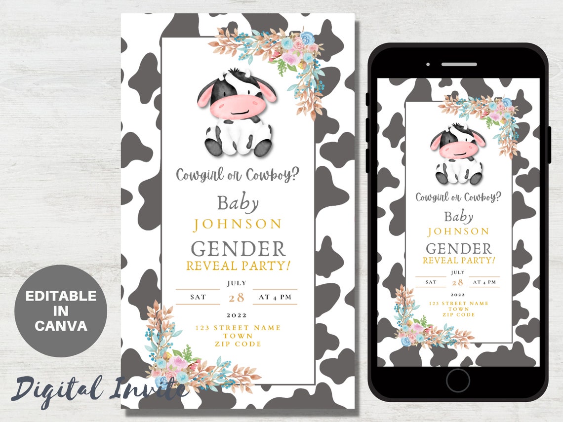 Cow Themed Gender Reveal Invitation Digital Download Baby Etsy