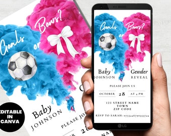 Doelen of strikken voetbal Gender Reveal uitnodigingssjabloon, digitale download uitnodiging, baby Reveal Party Evite
