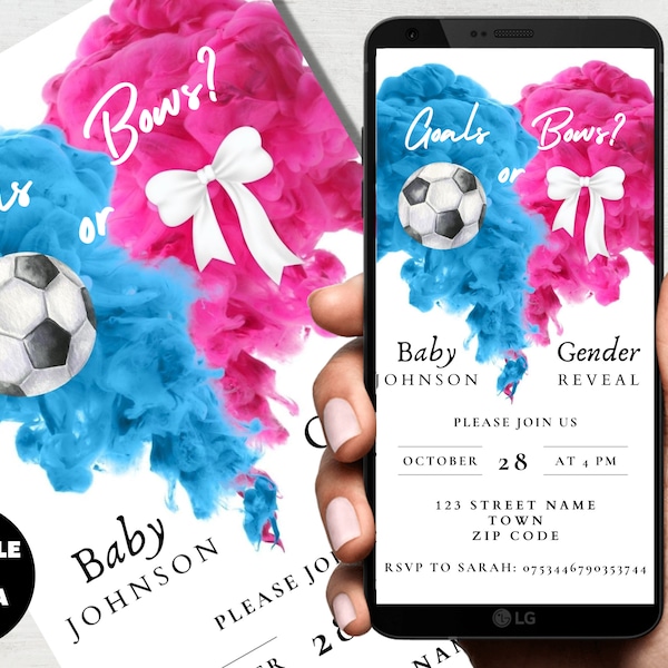 Goals Or Bows Soccer Gender Reveal Invitation Template, Digital Download Invite, Baby Reveal Party Evite