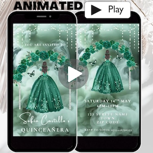 Animated Emerald Green Quinceañera Invitation Template, Princess Dress 15 Años Mis Quince Invitation Video, Elegant Sweet 16 Birthday Invite